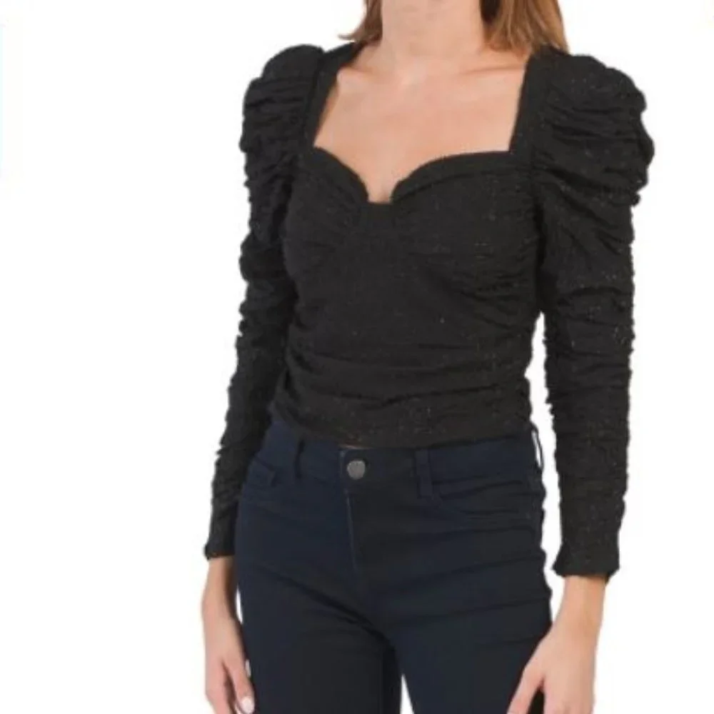 NWOT Caldwell Puff Shoulder Black Glittery Sweetheart Top. - Picture 4 of 11